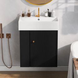 12 Inch Freestanding Bathroom Vanity with Ceramic Sink and Sintered Stone Top, black, Storage Cabinet