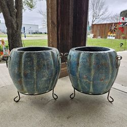 Blue Pumpkin Shape Clay Pots, Planters, Plants. Talavera, Pottery $65 cada una