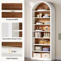 J0396 79.5" Tall Arched Bookshelf, 8-Tier Modern White Arched Bookcase with Storage Shelves, Floor Standing Wood Display Shelving Unit