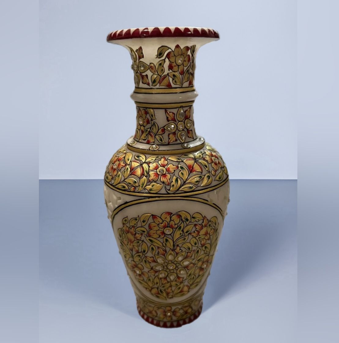 9" Marble Stone Flower Vase Grill Hand Carved Pot Handicraft Meenakari Painted.