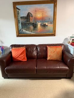 Brown Leather Two-Seat Sofa Bed