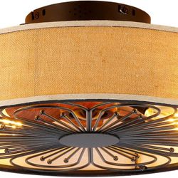 20" Caged Ceiling Fan with Light : Low Profile Fabric Farmhouse Remote Control Flush Mount Enclosed Ceiling Fan with Light for Bedroom Living Room Kit
