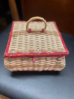 Vintage wicker sewing basket musical with original tags