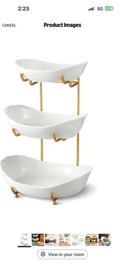 Ceramic Fruit Bowl for Kitchen Counter - 3 Tier Fruit Basket with Metal Stand, Tiered Fruit Stand for Countertop, Snack, Nuts, Cake, Dessert, Cute (Go