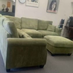 New 99x99 Sage Corduroy Sectional Couch With Ottoman / Free Delivery 