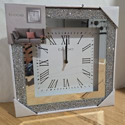 Crushed Crystal Sparkle Mirrored Square Wall Clock 12x12" Silver by bebe New