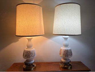 Vintage Pair of Ornate White Satin Frosted Glass Table Lamps, with painted floral designs and brass toned bases, 16” high bases, 30” overall height, 1