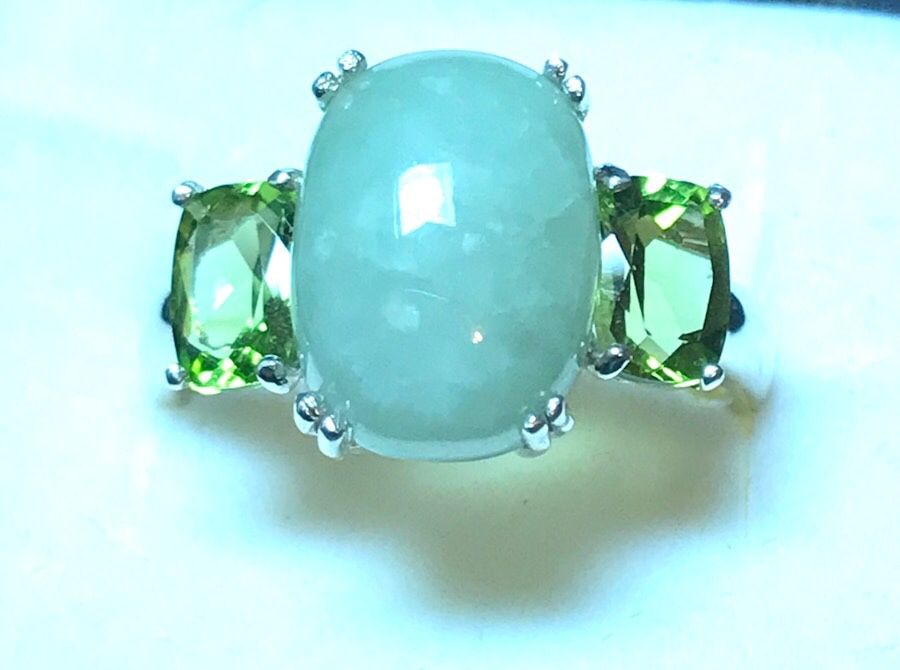 Jade & Tourmaline Sterling Ring Sz 10