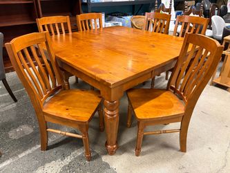 Natural Wood Turned Leg Extension Table w/ 6 Mission Style Chairs