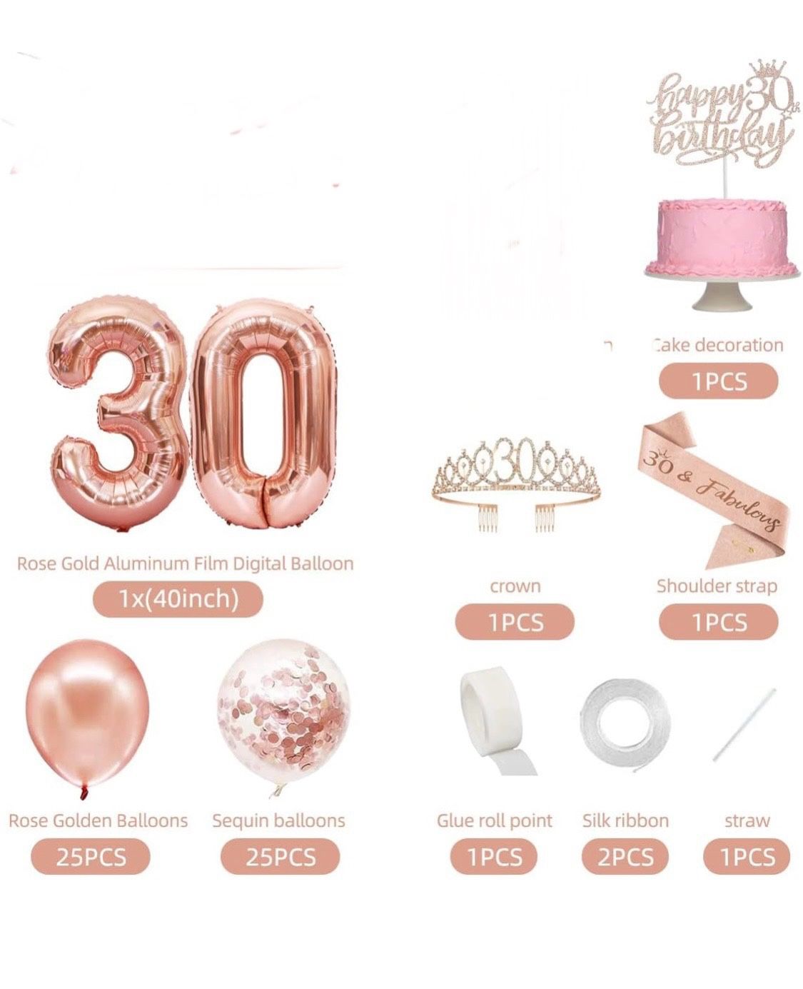 30th Birthday Decorations For Her, Happy 30th Birthday, Crown, Sash, Cake Topper And Number Balloon, Rose Gold 30 Birthday Party Decorations Fo