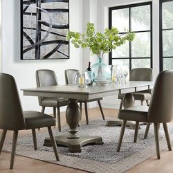 Dining Kitchen Table with Removable Leaf in Gray Oak, Waylon Wooden Double Pedestal Rectangular Design. Will Deliver For Small Fee