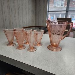 Jeanette Pink Depression Glass Poinsettia 32oz Pitcher & 6 Footed Tumblers