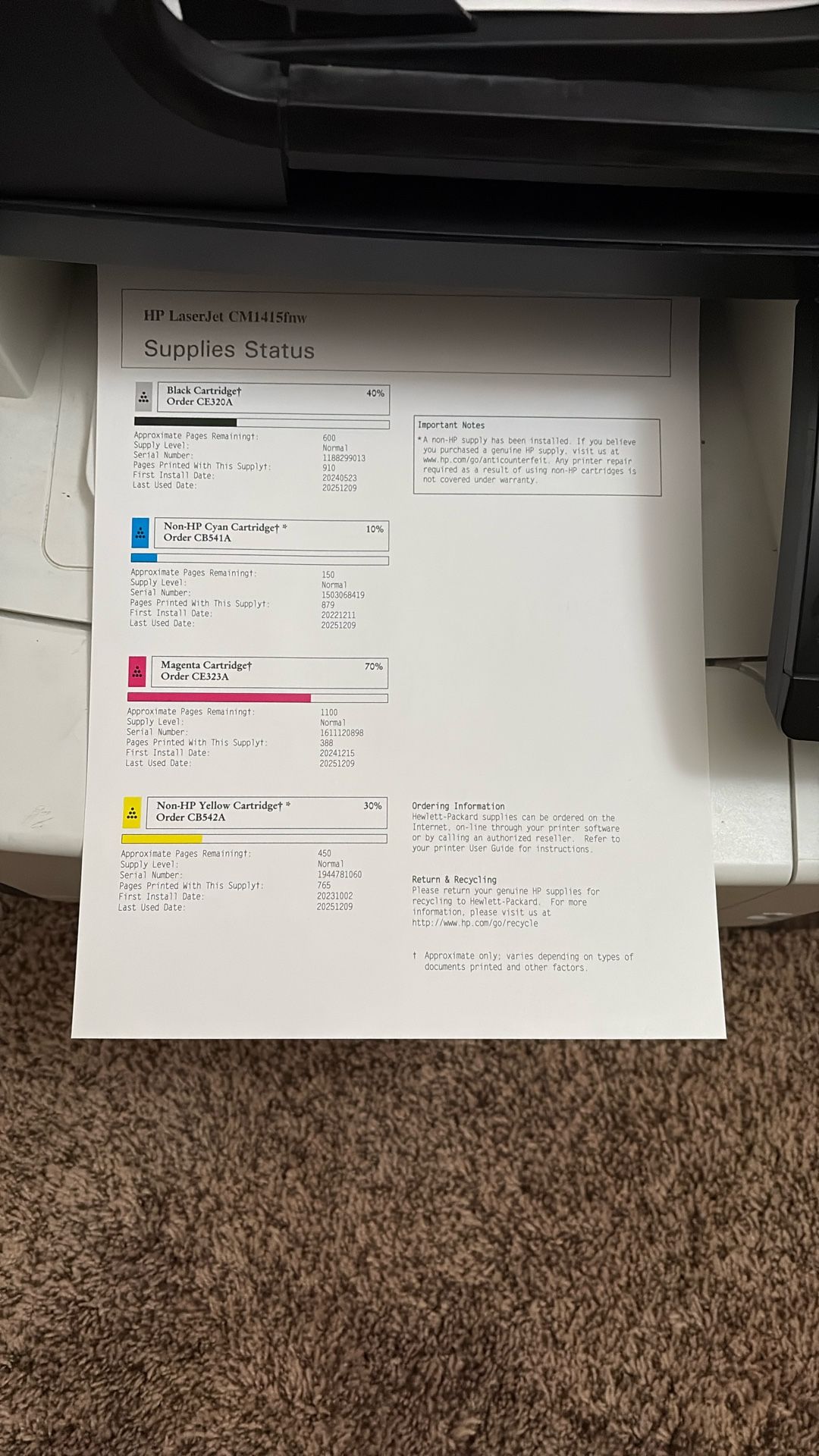 HP LaserJet CM1415fnw Printer With Carriage