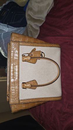 Michael Kors Canvas & Croc-Embossed Leather Satchel Tote - Tan/Beige