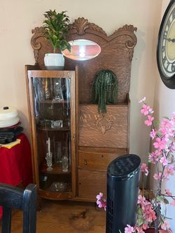 Antique Oak Side-by-Side Secretary Desk & Curio Cabinet