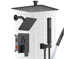 /3-Way Matte Black Shower System w/Handheld for Couple 10" rain head, 6" wall spray, handheld wand, push-button diverter, anti-scald valve, easy-clean