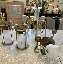 Vintage Brass & Etched Frosted Glass Light Fixtures