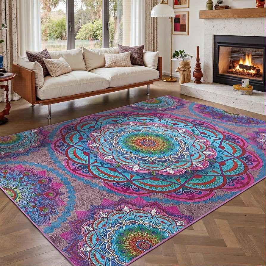 Meditation Indoor Outdoor Rug 8x10 ft Mandala Pattern Rug Boho Style,Yoga Meditation Mat Picnic Rug for Patio Living Room Porch Garden Deck Backyard E