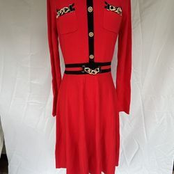 NWT Vinizbena Size L Red Sweater Dress with Gold Details Designed in Italy