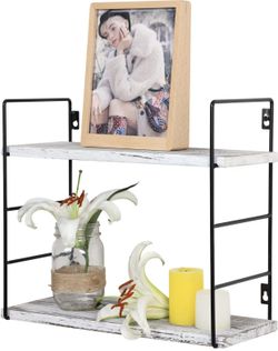 New in box: 2 Tier White Floating Shelves Wall Mount,Adjustable-Layer Storage Display Shelves with Metal Frame