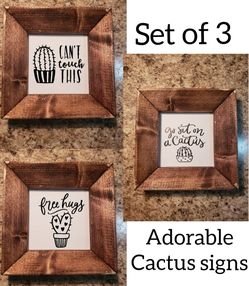 Set of 3 cactus signs for desk or table can also hang decor