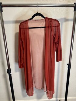 Rust Terracotta Sheer Mesh Long Duster Cardigan – Lightweight Layering Top