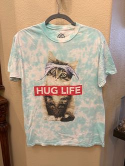 'Hug Life' Cat Graphic Tee in Light Blue Tie-Dye Size Medium