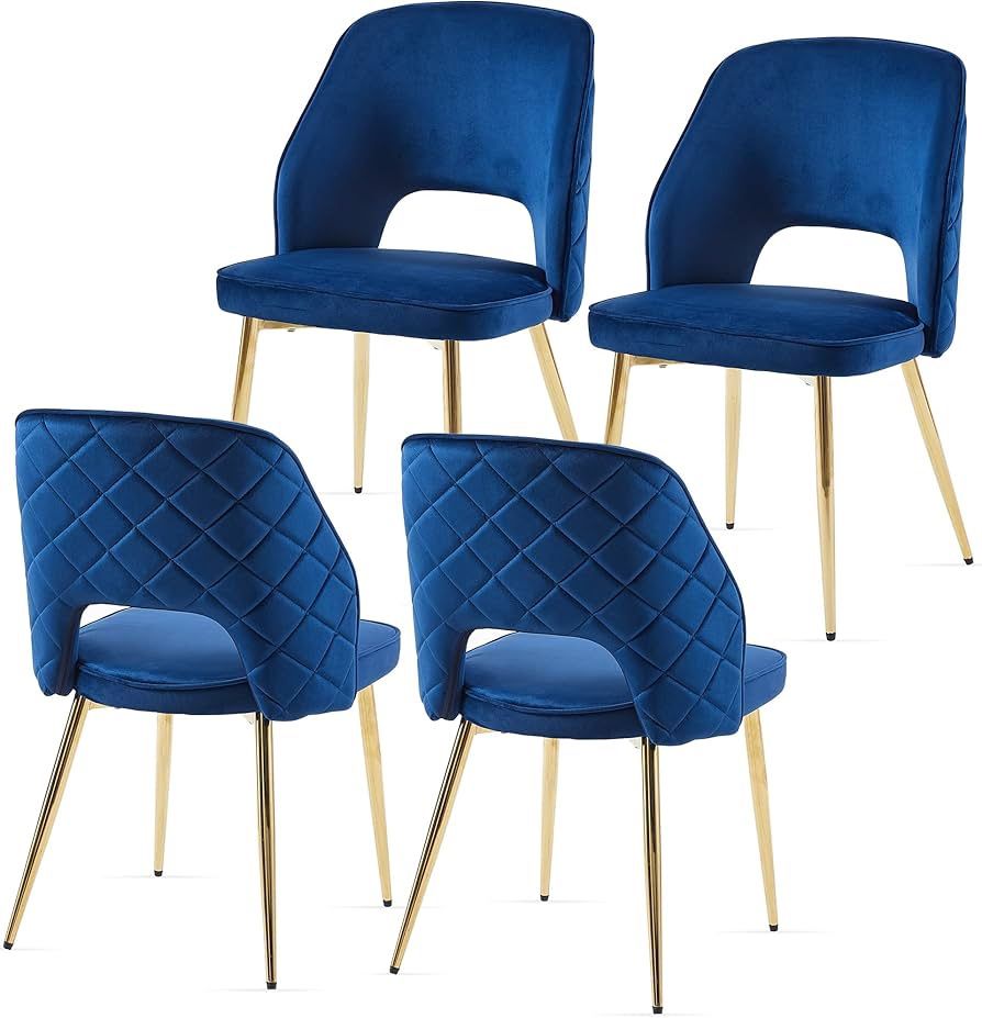 Modern Dining Chair Set of 4, Navy Blue Velvet Fabric Upholstered Accent Chairs with Golden Metal Legs, Round Back Side Chairs for Kitchen Living Room