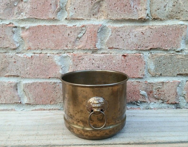 Vintage Small Brass Lion Heads Planter