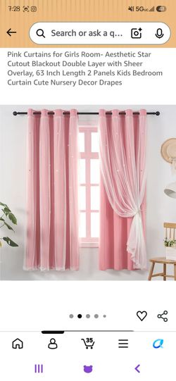 Pink Star Cutout Blackout Curtains Sheer Overlay 2 Panels 52x63 Inch Grommet Top