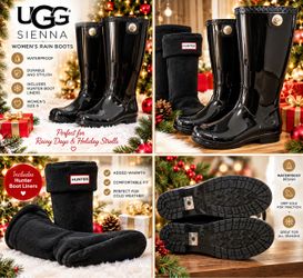 UGG Sienna Women’s Rain Boots Size 9 Black + Hunter Fleece Boot Liners