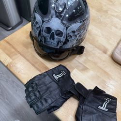 Large Half Helmet With Goggles And Harley Gloves 