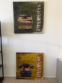 Vintage Industrial Telephone & Typewriter Wall Art – Set of 2 – 30” x 30”