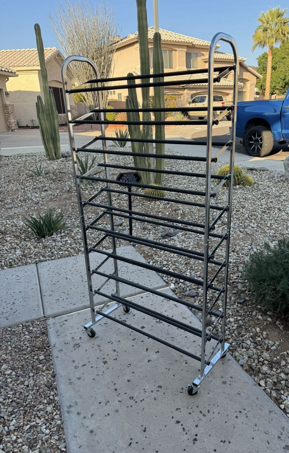 10-Tier Rolling Shoe Rack Like New / Chrome / Shoe Organizer 5ft Tall By 30.5” Wide By 9.5” Deep