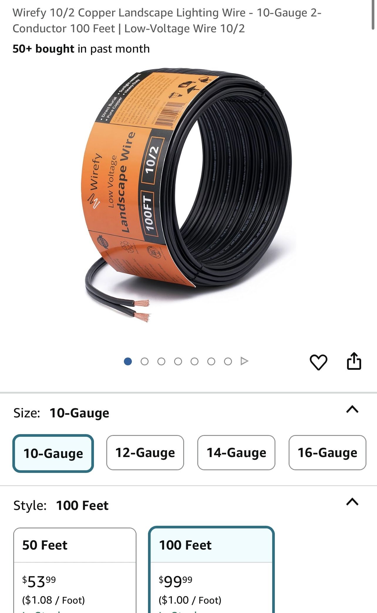 Wirefy 10/2 Copper Landscape Lighting Wire 10 Gauge 2 Conductor 100 Feet Low Voltage Wire 10/2