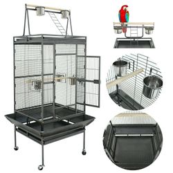 68" Bird Cage Iron Flight birdcage Perch W/ Casters Stand, Black