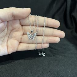 925 Sterling Silver Women Small CZ Small Butterfly & Rolo Chain