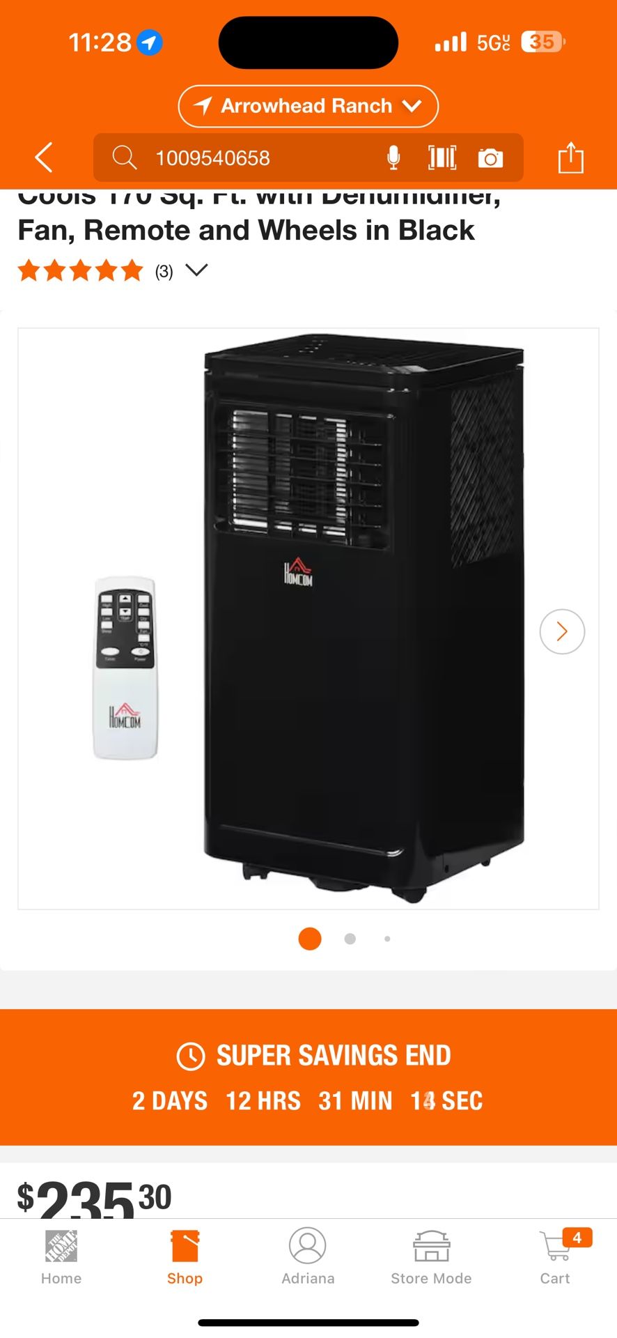 8,000 BTU Portable Air Conditioner Cools 170 Sq. Ft. with Dehumidifier, Fan, Remote and Wheels in Black