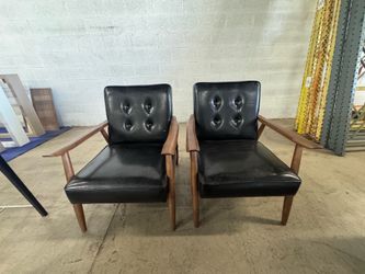 Black Leather Lounge Chairs w/ Dark Walnut Wood Leg Finish