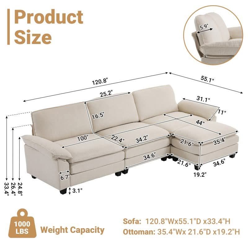 NEW IN BOX- Ktaxon Sectional Convertible Sofa L Shaped Modular Couch with Chaise Coarse Linen Sleeper Set with 3 Oversized Seats 120" W Beige