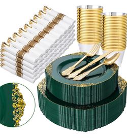 Nervure 350Pcs Green Plastic Plates, Plastic Dinnerware Set for 50 Guests 50 7.5" Dessert & 50 10.25" Dinner Plastic Plates, 50 Pre Rolled Cutlery Set