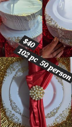 Disposable Reusable plates set 102 pc  white and gold premium heavyweight
