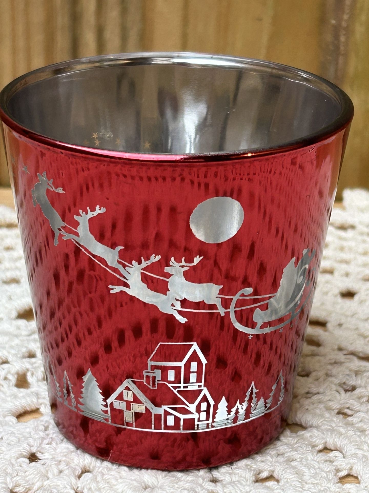 Mercury Glass Red Santa & Reindeer Candle Holder Or Decor