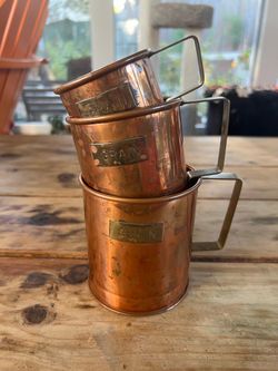 Vintage Set of 3 Copper Measuring Cups with Brass Handles