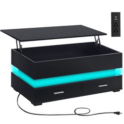 ✌️ Lift Top Coffee Table, LED Coffee Table with Charging Station, 21 Colors Change, 2 Tiers Modern Tea Table with Storage, Living Room Furniture, Rect