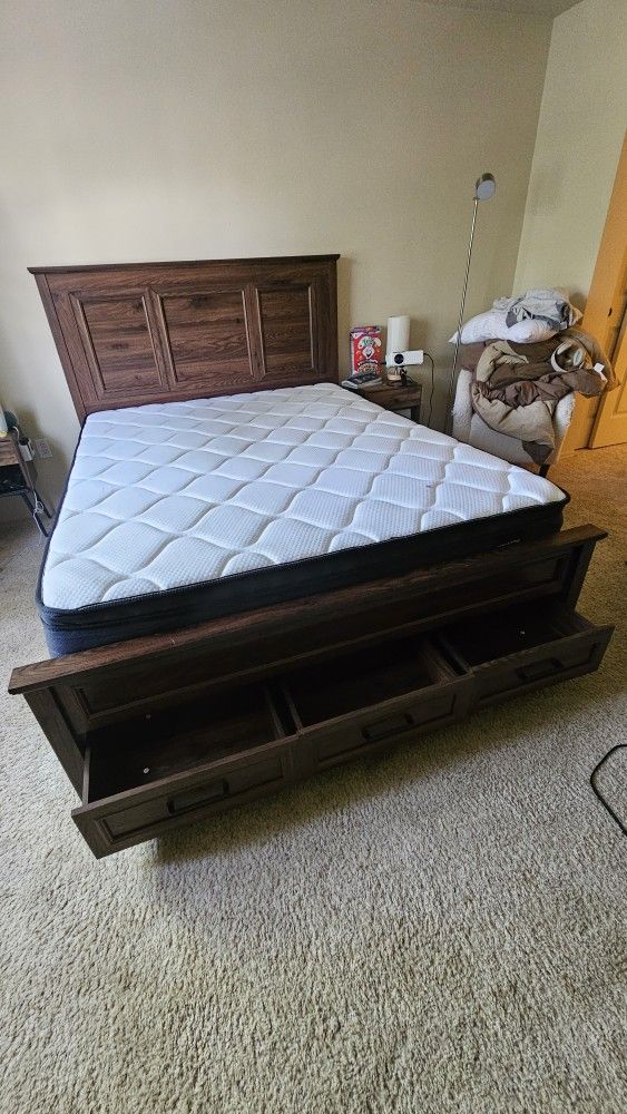 The bed is made of dark brown wood.