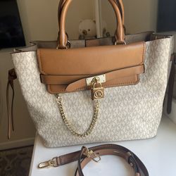 Michael Kors Jet Set Travel Large Satchel Tote Bag Vanilla/Acorn MK Signature