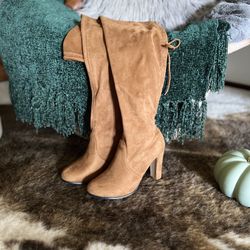 Camel Thigh-High Suede Boots