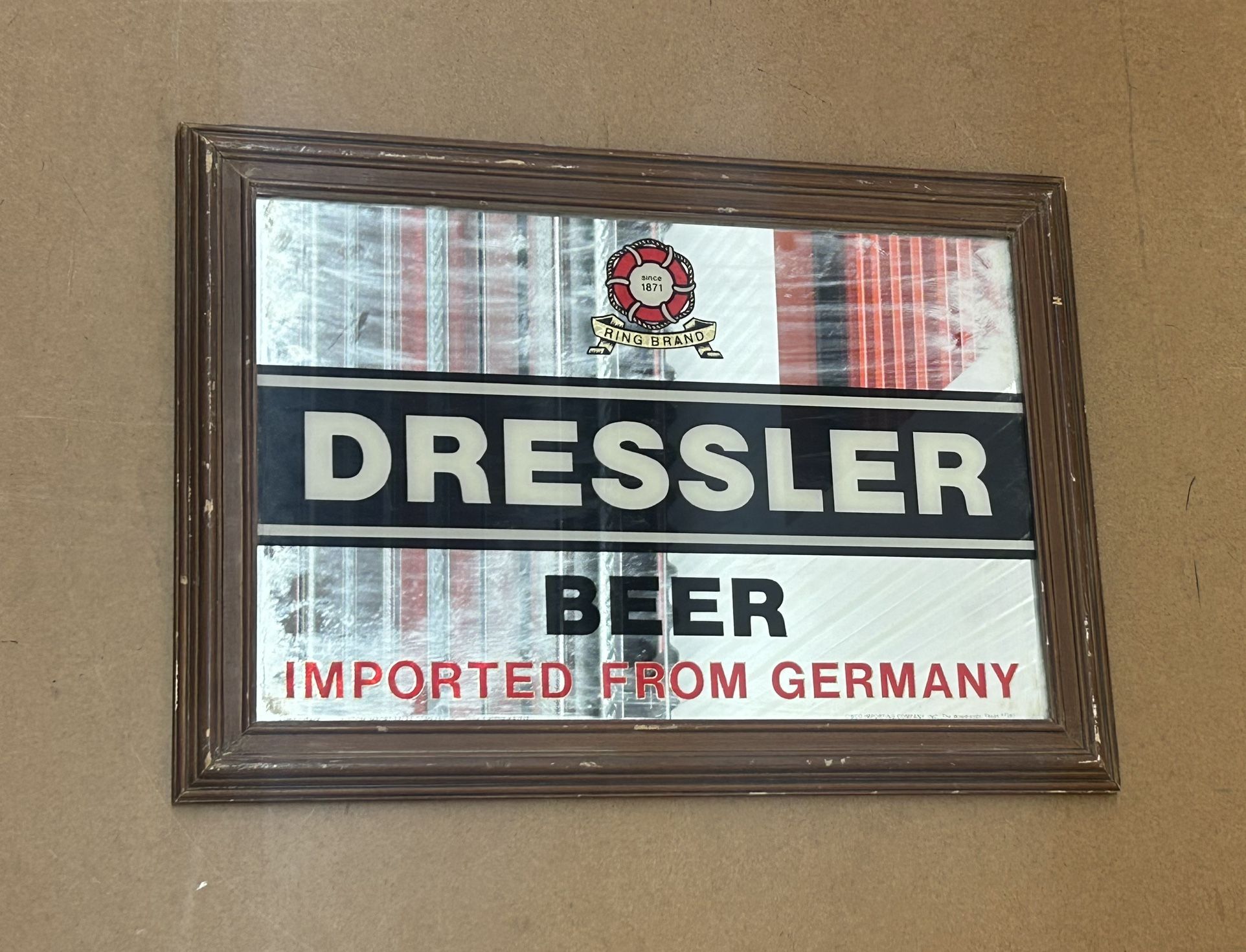 Vintage DRESSLER German Beer WOODEN Framed Mirror Sign PROMOTIONAL Advertisement (Please read description)