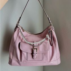 Pink Leather Hobo Shoulder Bag with Pearl Chain